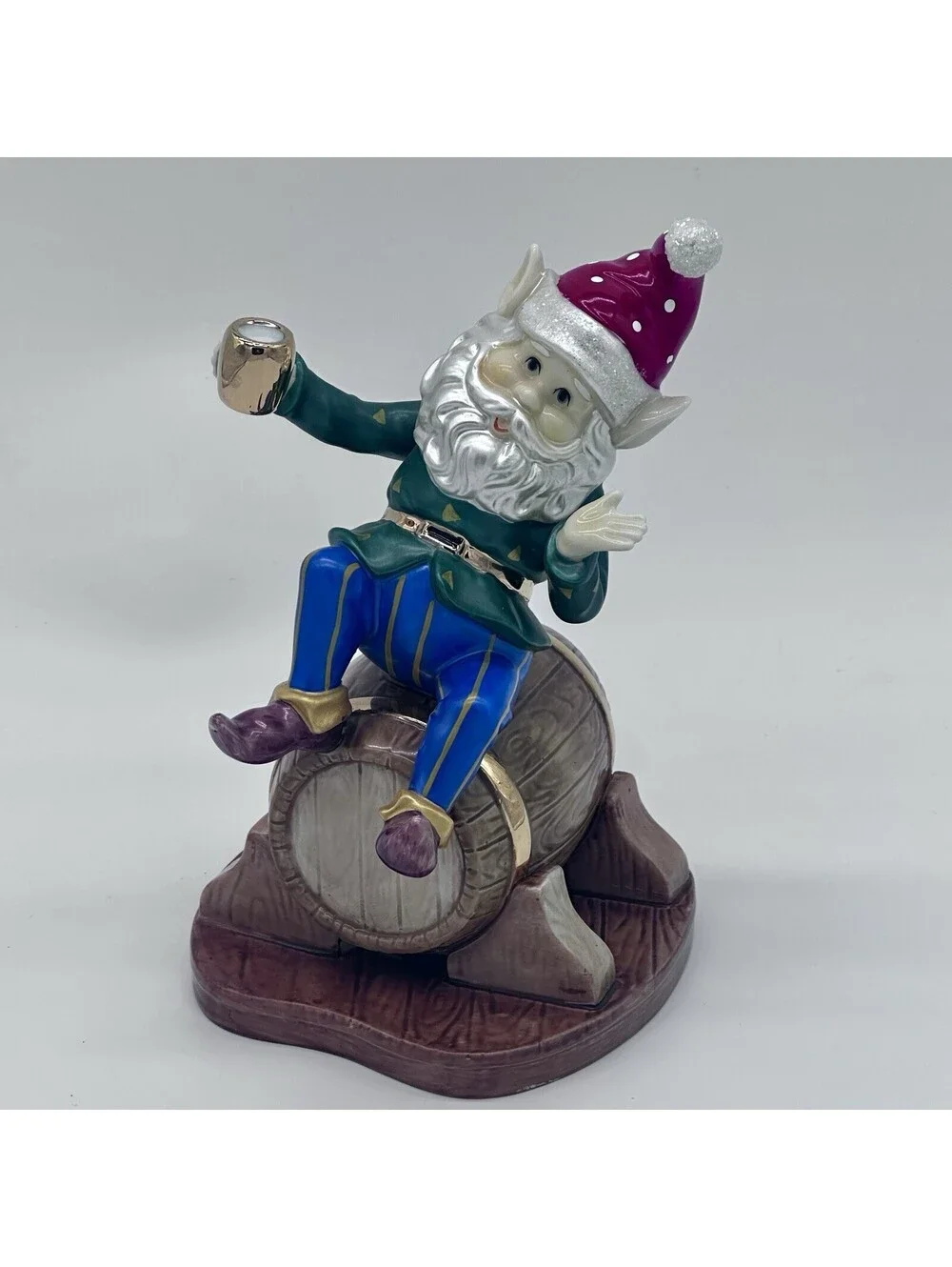 Santa’s Elf on Whiskey Barrel Glazed Porcelain 24K Gold Trim Figurine by O’Well
